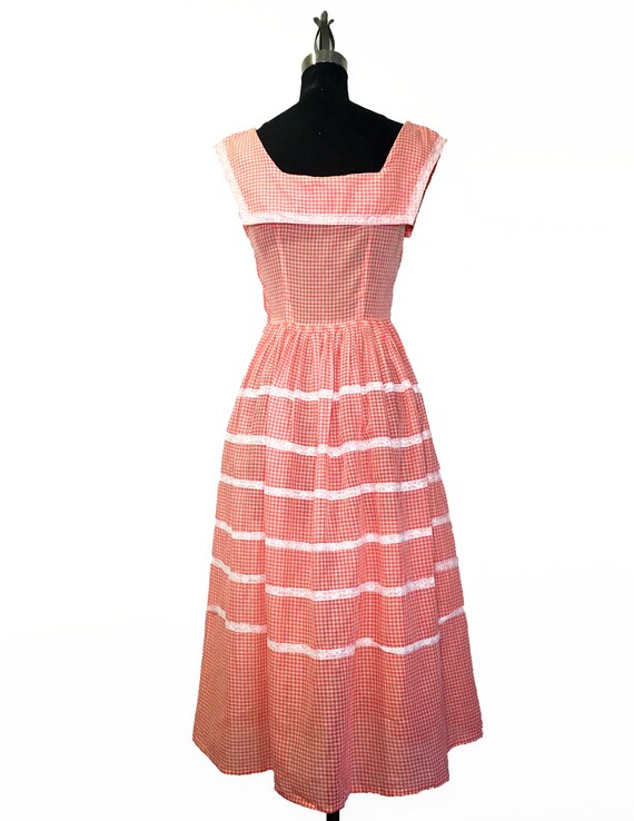 Vintage 1950s Bright Red Gingham and Lace Sundress - image 3