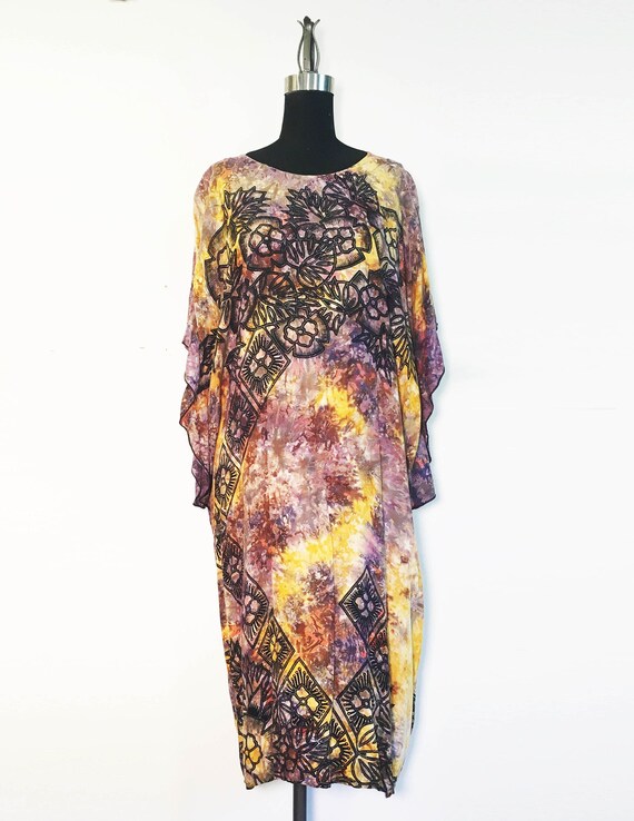 Vintage Tie Dyed Batik Print Caftan Maxi Dress