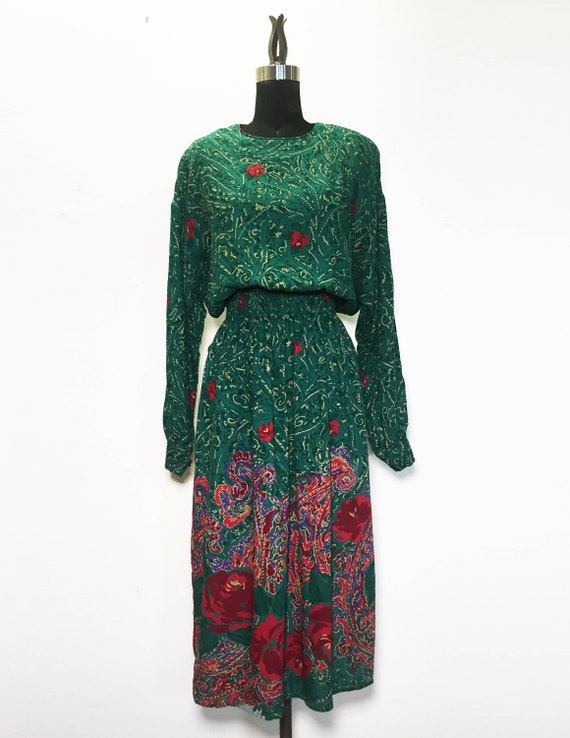 Vintage 70s 80s Paisley and Rose Print Dress