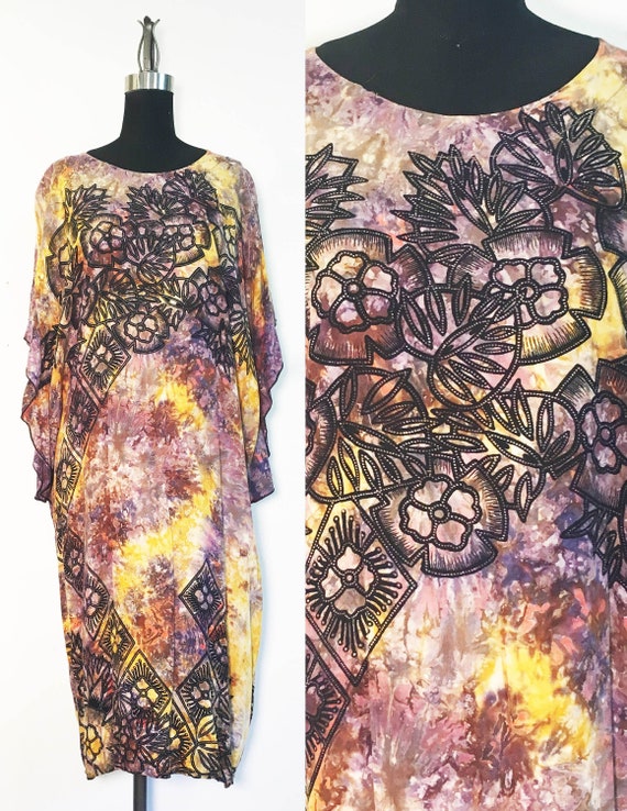 Vintage Tie Dyed Batik Print Caftan Maxi Dress - image 1