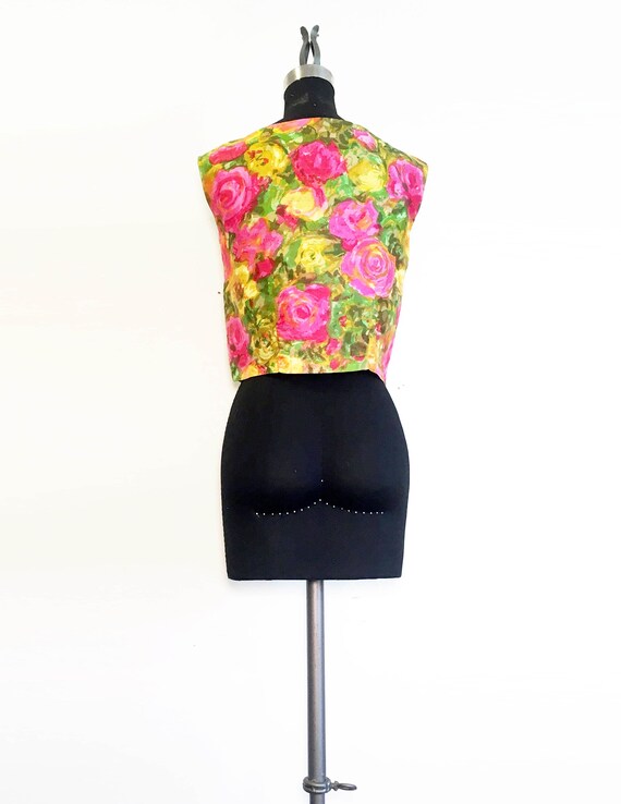 Vintage Painted Rose Print Silk Boxy Shell Top - image 4