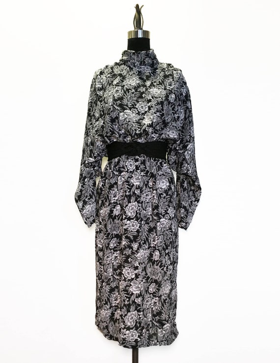 Vintage 80s High Neck Floral Dress with Dolman Sl… - image 1