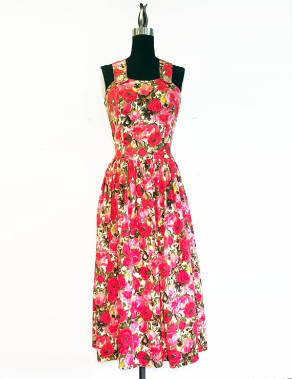 Vintage 80s Garden Party Rose Print Cotton Dress