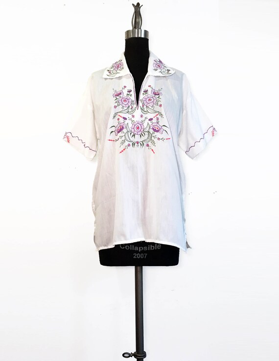 Vintage Embroidered Cotton Voile Shirt with Collar - image 1