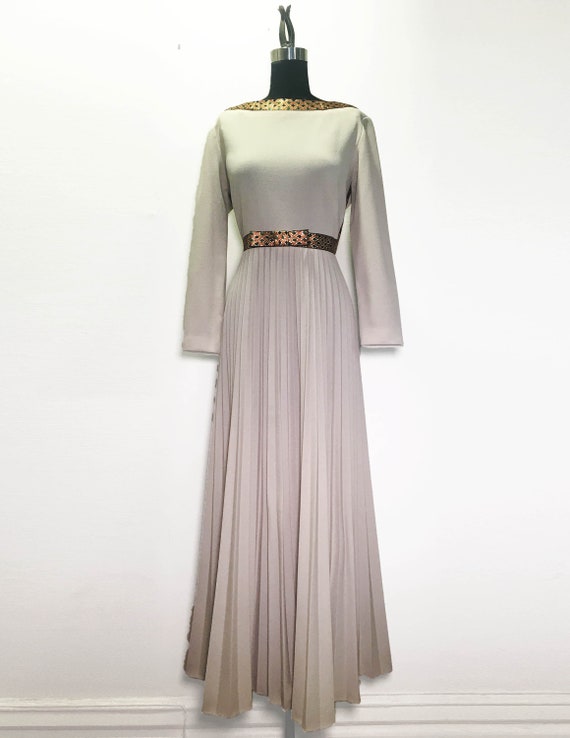 Vintage 60s 70s Maxi Dress with Metallic Ribbon