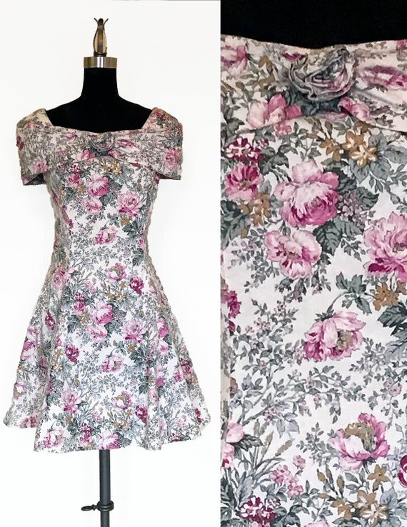 Vintage 80s Floral Off Shoulder Mini Dress - image 1