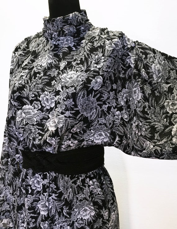 Vintage 80s High Neck Floral Dress with Dolman Sl… - image 3