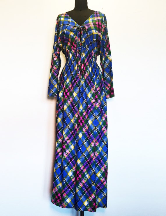 Vintage Neon Plaid Low Back Maxi Dress