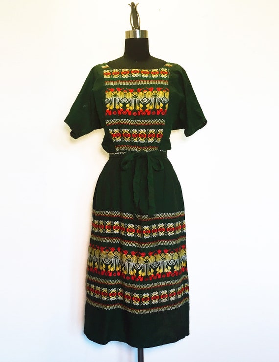 Vintage Geometric Embroidered Dress with Tie Waist