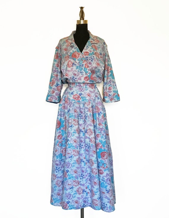 Vintage 80s Floral Printed Cotton Dress, Size M/L - image 2