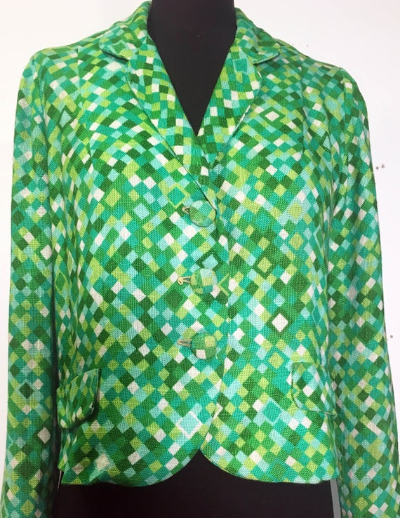 Vintage 60s Bright Green Geometric Linen Jacket - image 2