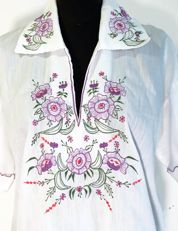 Vintage Embroidered Cotton Voile Shirt with Collar - image 2