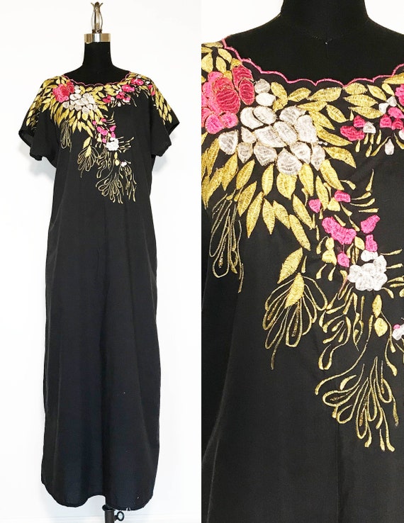 Vintage Cotton Caftan Dress with Metallic Embroid… - image 1