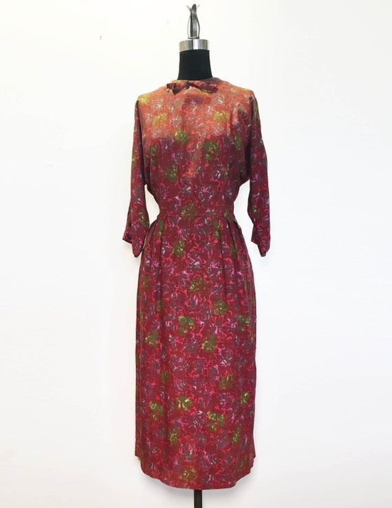 Vintage 50s 60s Floral Wiggle Dress with Bow