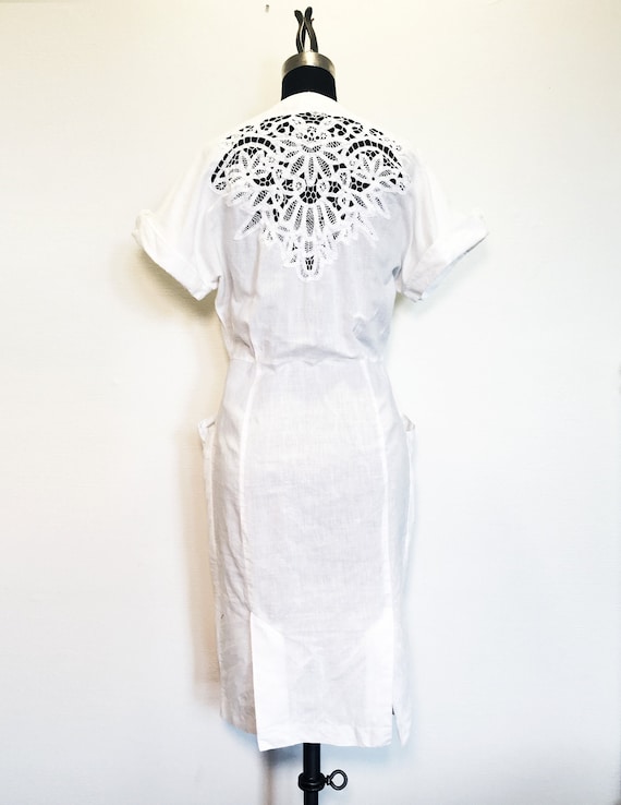 Vintage 80s Cotton Dress with Cutout Lace Yoke