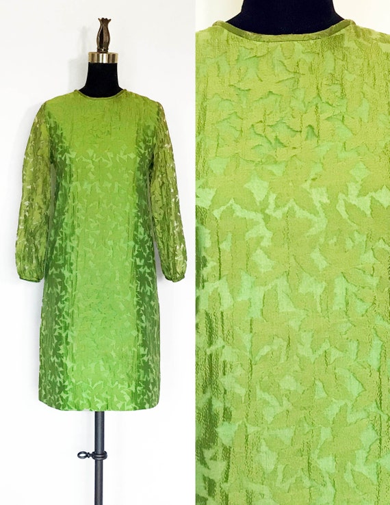 Vintage 60s Burnout Leaf Print Shift Dress