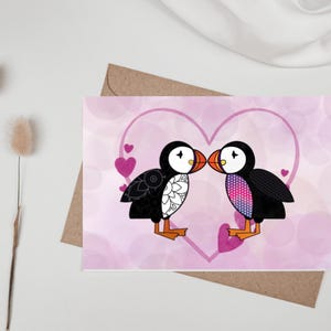 Pink Heart Fair Isle Puffin card, Anniversary puffin card, Valentines Puffin Card, A6 Blank Card