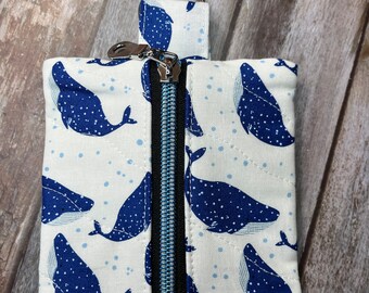 Whale quilted Mini Zip Pouch, Coin Purse, Keyring Purse, Emergency Kit, Girls Purse, Blue Whale Pouch, Purple Whale Pouch