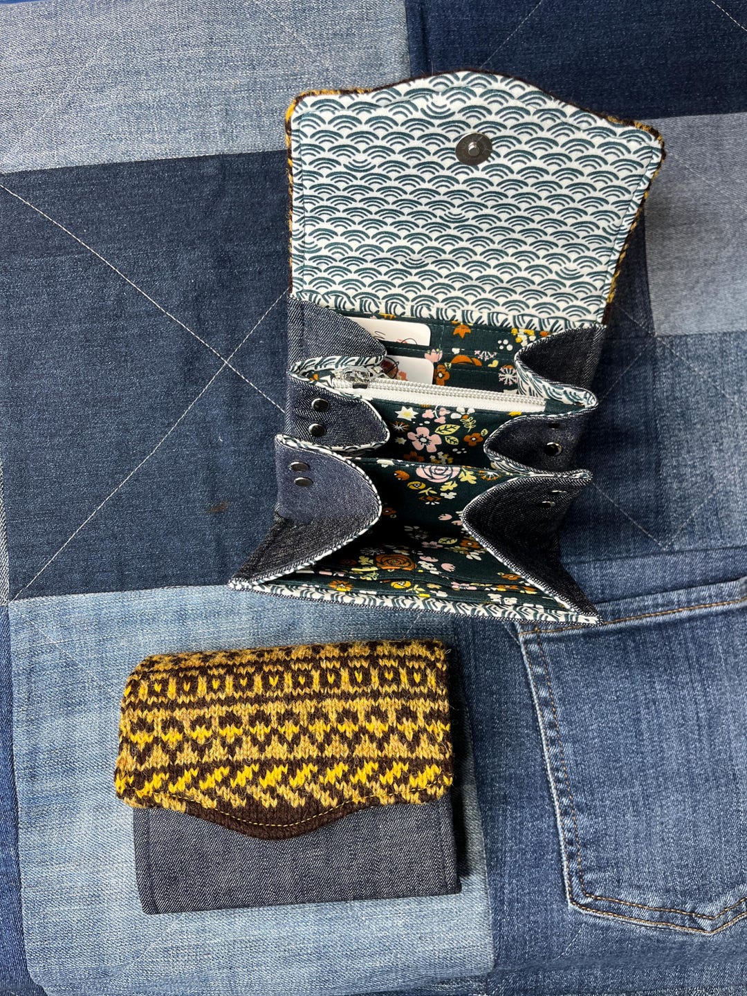 Brown Mustard Shetland Wool and Denim Fair Isle Purse Nederland