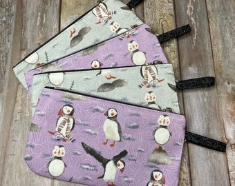 Fair Isle Puffin Make Up Pouch, Pencil Case, Make Up Bag, Puffin Make Up Bag, Grey Puffin Bag, Purple Puffin Pouch