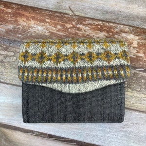 Mustard Grey Hand Knitted Fair Isle Purse, Unique Denim and Wool Clutch Wallet