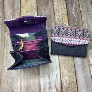Lilac Teal Plum Hand Knitted Fair Isle Purse, Unique Denim and Wool Clutch Wallet