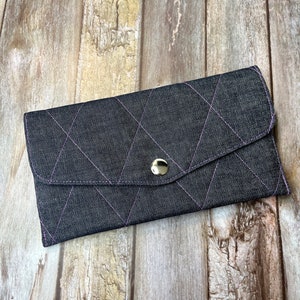 Denim und Lila schmale Geldbörse | Patchwork Geldbörse | Handy-Clutch