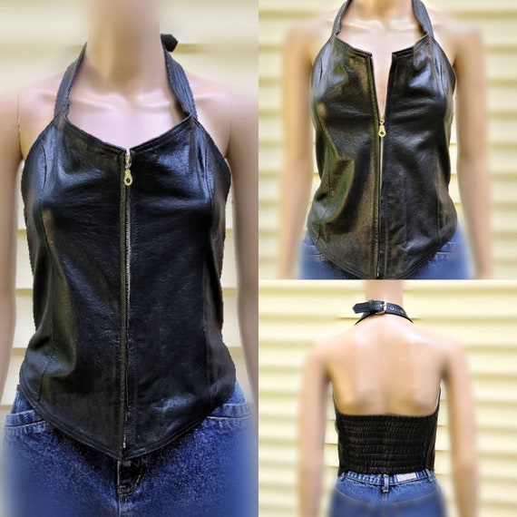 80s Leather Bustier / Vintage Leather Corset / Zipper… - Gem