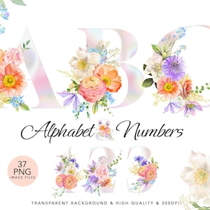 Alfabeto floral PNG – Letras holográficas – Acuarela floral ABC – Fuente romántica para bodas – Conjunto de números PNG