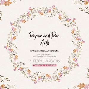 Hand Drawn Floral Wreath Clipart | Botanical Frame Bundle SVG PNG | Vintage Laurel Clip Art for Cards and Logos