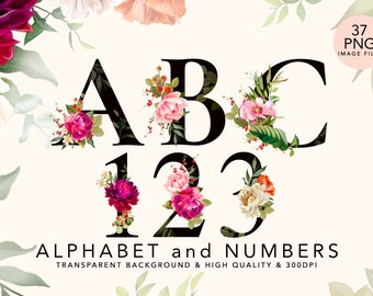 Aquarel bloemen alfabet clipart: botanische letters en cijfers (digitale png-download)