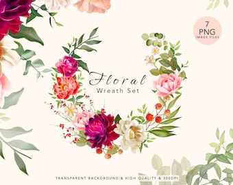 Watercolor Flower Wreath Clipart, Floral Frame PNG (Digital Download)