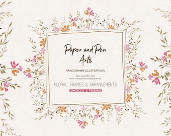 Clipart con cornice floreale disegnata a mano: SVG e PNG botanici (uso commerciale)