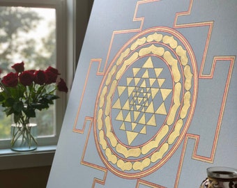 Hand-Painted Shri Yantra Canvas Art | 18kt Gold & Rose Gold, 37"