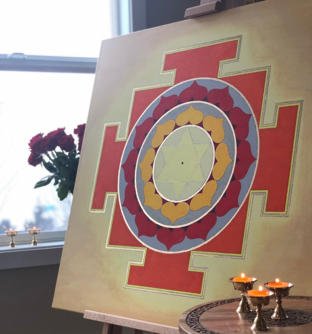ORIGINAL Handpainted Large Sun surya Yantra on Canvas 37x 37 Vaastu