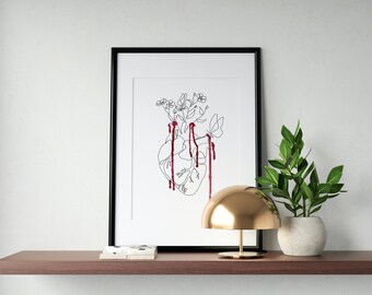 Minimalist Line Drawing, Heart Print, Bleeding Watercolour Heart, Digital Download, Watercolour, Line Art, Modern, Wall Art, 5 sizes