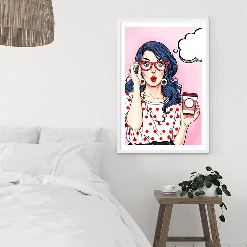 Vintage Retro Pop Art Woman Purple Hair Female With Coffee Wall Art Cartoon Art Print Gift Idea Wall Decor Home Wall Art Print FREE SHIPPING