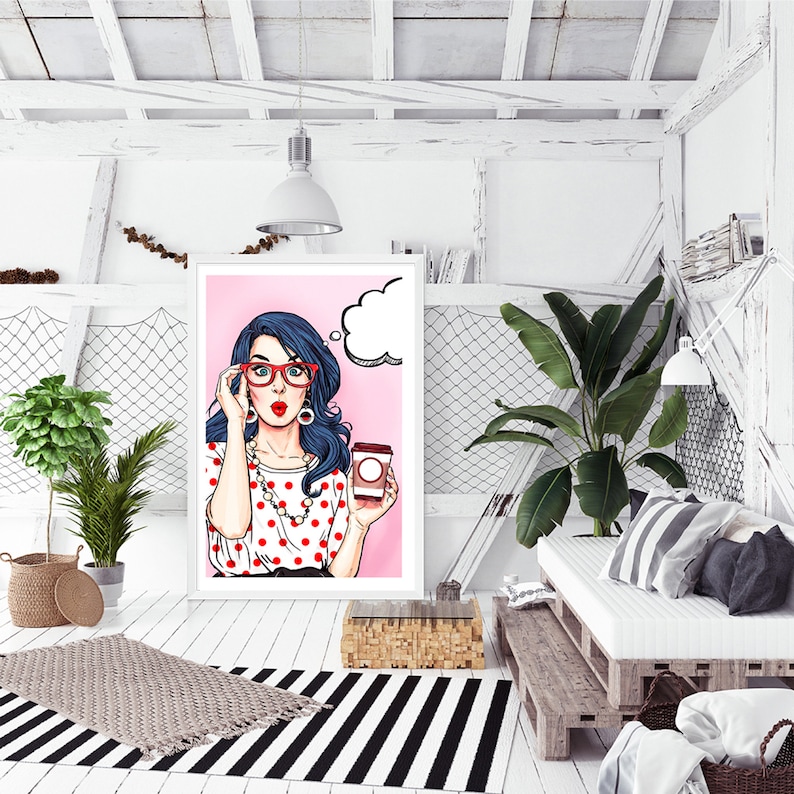 Vintage Retro Pop Art Woman Purple Hair Female With Coffee Wall Art Cartoon Art Print Gift Idea Wall Decor Home Wall Art Print FREE SHIPPING