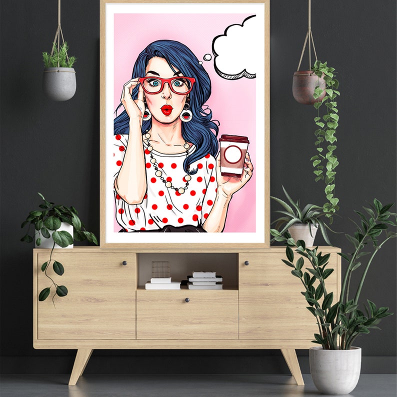 Vintage Retro Pop Art Woman Purple Hair Female With Coffee Wall Art Cartoon Art Print Gift Idea Wall Decor Home Wall Art Print FREE SHIPPING