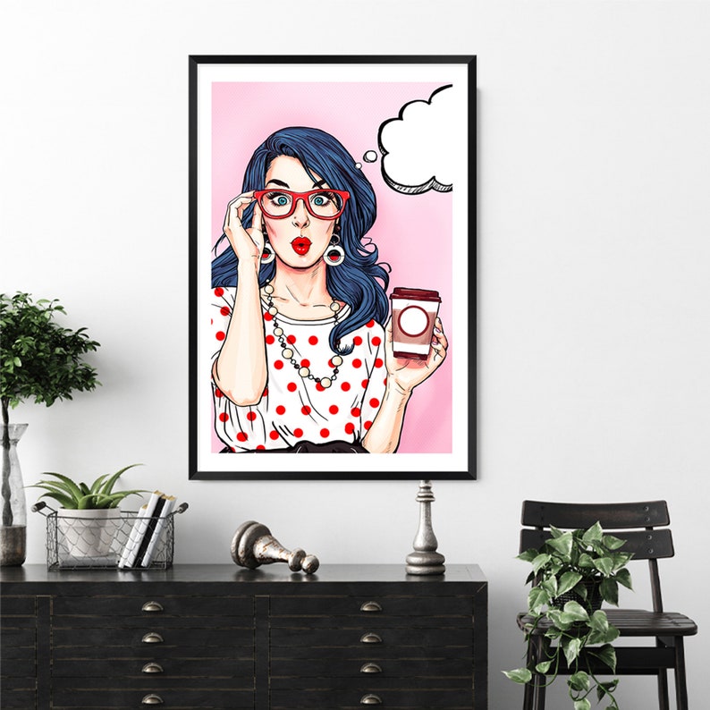 Vintage Retro Pop Art Woman Purple Hair Female With Coffee Wall Art Cartoon Art Print Gift Idea Wall Decor Home Wall Art Print FREE SHIPPING