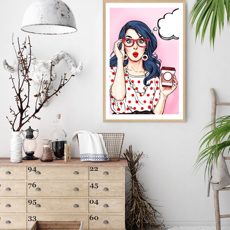 Vintage Retro Pop Art Woman Purple Hair Female With Coffee Wall Art Cartoon Art Print Gift Idea Wall Decor Home Wall Art Print FREE SHIPPING