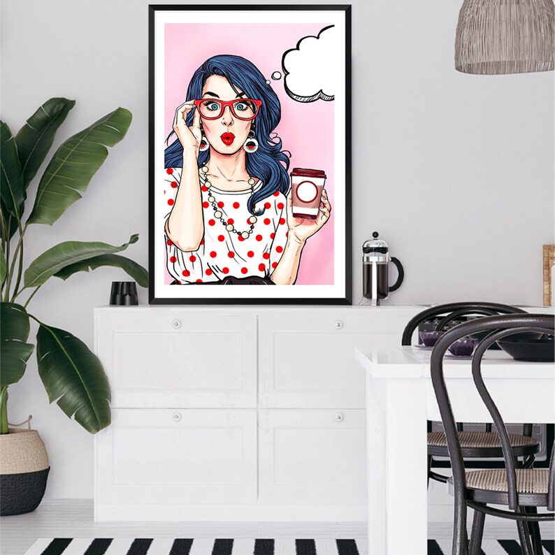 Vintage Retro Pop Art Woman Purple Hair Female With Coffee Wall Art Cartoon Art Print Gift Idea Wall Decor Home Wall Art Print FREE SHIPPING
