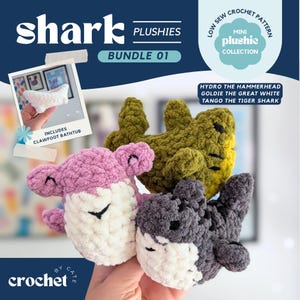 May include: A crochet pattern bundle for shark plushies featuring Hydro the Hammerhead, Goldie the Great White, and Tango the Tiger Shark. The set includes instructions for a clawfoot bathtub. The text reads Shark Plushies Bundle 01.