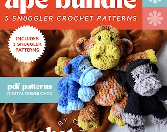 BUNDLE: Gorilla Snuggler Crochet Patterns | 3 Snugglers | Apes | Gorilla Lovey | Zoo Plushie | XL, Standard, and Mini | Monkeys