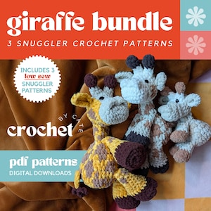 May include: The image displays a crochet pattern bundle with three snuggly giraffe designs. The text on the image reads "giraffe bundle" and "3 snuggle crochet patterns". The giraffes are in shades of yellow, brown, and white, with dark brown accents. The patterns are available as digital downloads.