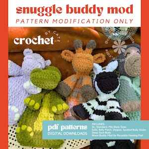 Peut inclure: Une collection de jouets en peluche comprenant un hippopotame lavande, un crocodile vert, une girafe brune, un zèbre noir et blanc et un singe gris. L'image contient le texte snuggle buddy mod et pdf patterns digital downloads.