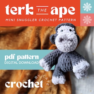 May include: A crochet pattern for a gray and white mini ape snuggler. The pattern is a digital download and is called "Terek the Ape Mini Snuggler Crochet Pattern".