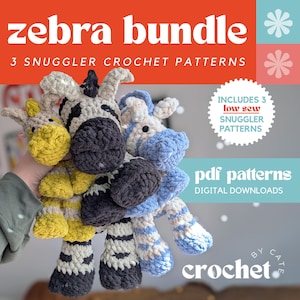 May include: A bundle of three crocheted zebra-themed snugglers in various colors, including yellow, black, white, and blue. The image includes text that reads "zebra bundle" and "3 snugger crochet patterns". The image also includes the text "pdf patterns digital downloads".