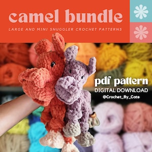 May include: A crochet pattern for a large and mini camel snuggler. The pattern is a digital download and is available on Etsy. The pattern is shown with two crocheted camels, one orange and one purple, in a hand.