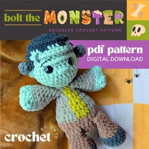 May include: A handmade crochet Frankenstein's monster doll in shades of green, gray, and brown, with black button eyes and a yellow tie. The image includes text that reads "bolt the MONSTER" and "pdf pattern DIGITAL DOWNLOAD".